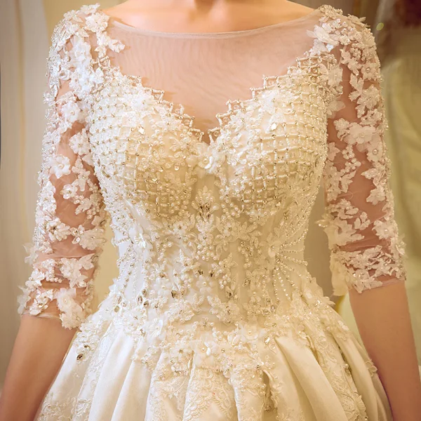 Vintage / Retro Church Wedding Dresses 2017 Lace Flower Crystal Rhinestone Scoop Neck Backless 1/2 Sleeves Ivory Ball Gown Cathedral Train
