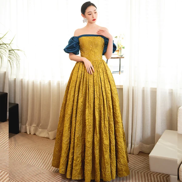 Elegant Gold Yellow Prom Dresses 2023 A-Line / Princess Off-The-Shoulder Short Sleeve Backless Floor- Elegant Gold Yellow Prom Dresses 2023 A-Line / Princess Off-The-Shoulder Short Sleeve Backless Floor-
