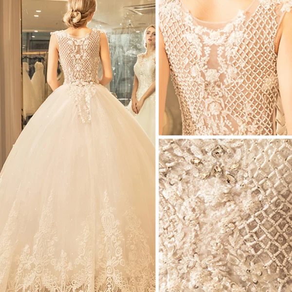 Chic / Beautiful Sparkly Wedding Dresses 2017 Scoop Neck Sleeveless Church Ivory Ball Gown Lace Appliques Crystal Rhinestone Floor-Length / Long