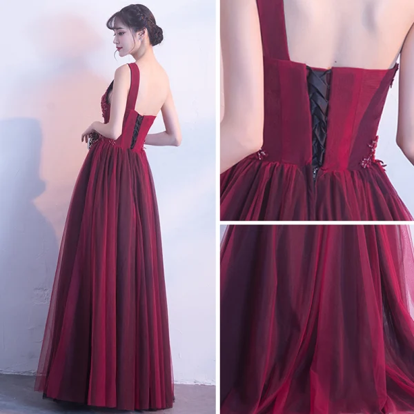 Elegant Burgundy Evening Dresses 2018 A-Line / Princess One-Shoulder Sleeveless Appliques Lace Beading Floor-Length / Long Ruffle Backless Formal Dresses