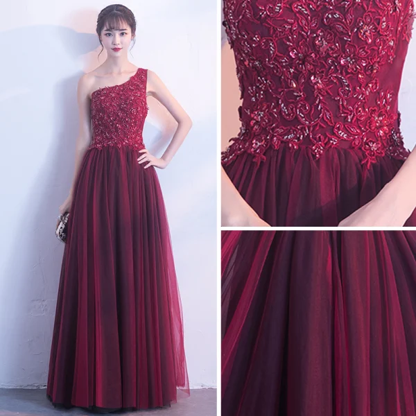 Elegant Burgundy Evening Dresses 2018 A-Line / Princess One-Shoulder Sleeveless Appliques Lace Beading Floor-Length / Long Ruffle Backless Formal Dresses