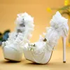 Amazing / Unique White 14 cm Wedding High Heels Appliques Beading Pearl Round Toe Pumps Wedding Shoes 2018