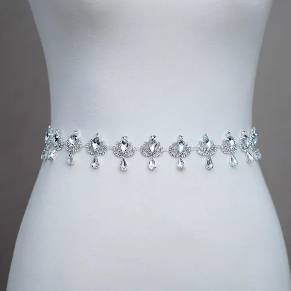 Mode Vita Bröllop Skärpband 2020 Satin Metall Handgjort Beading Kristall Rhinestone Afton Bal Tillbehör