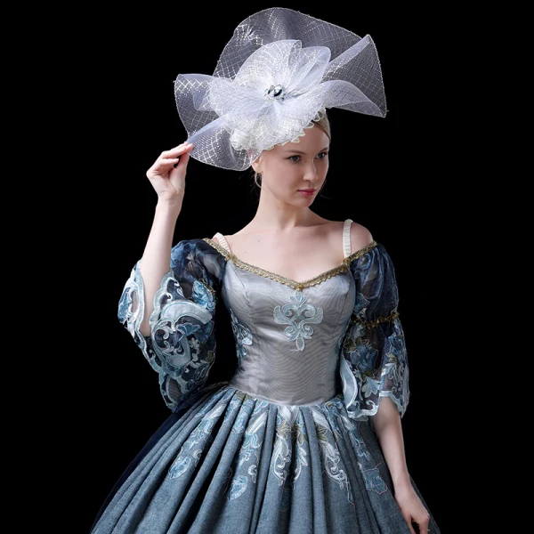 Vintage / Retro Medieval Ink Blue Ball Gown Prom Dresses 2021 V-Neck 1/2 Sleeves 3D Lace Appliques Embroidered Handmade Cosplay Court Train Prom