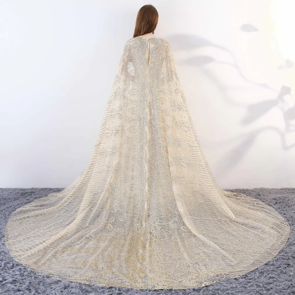 Sparkly Bling Bling Champagne Floor-Length / Long Evening Dresses 2018 A-Line / Princess U-Neck Tulle With Cloak Beading Sequins Evening Party Formal Dresses
