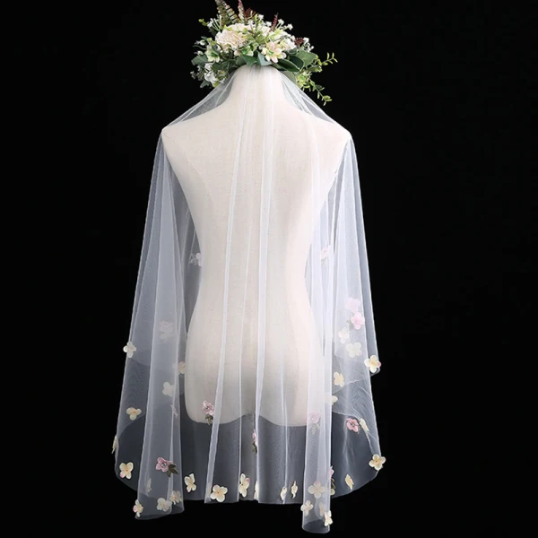 Sjarmerende Hvit Korte Brudeslør Appliques Blomst Chiffon Bryllup Tilbehør 2019