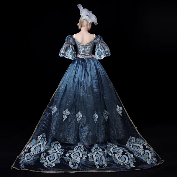 Vintage / Retro Medieval Ink Blue Ball Gown Prom Dresses 2021 V-Neck 1/2 Sleeves 3D Lace Appliques Embroidered Handmade Cosplay Court Train Prom