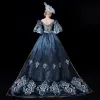 Vintage / Retro Medieval Ink Blue Ball Gown Prom Dresses 2021 V-Neck 1/2 Sleeves 3D Lace Appliques Embroidered Handmade  Cosplay Court Train Prom