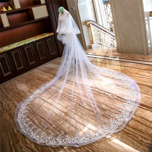 Lovely White Royal Train Wedding Tulle Lace Appliques Flower 4 m Wedding  Veils 2018