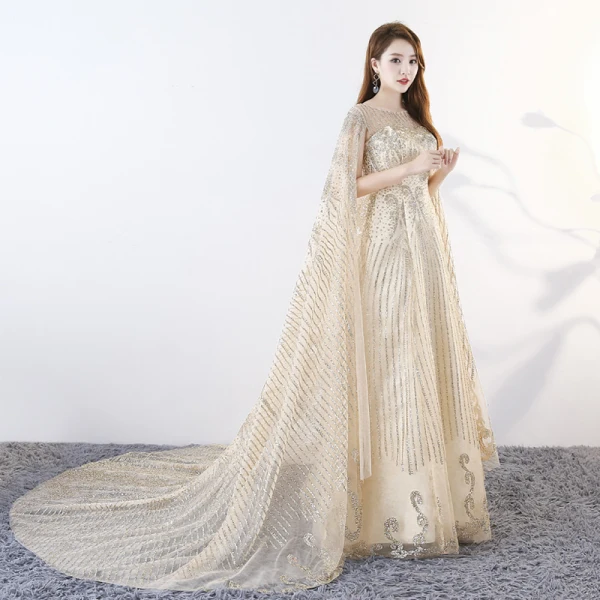 Sparkly Bling Bling Champagne Floor-Length / Long Evening Dresses 2018 A-Line / Princess U-Neck Tulle With Cloak Beading Sequins Evening Party Formal Dresses