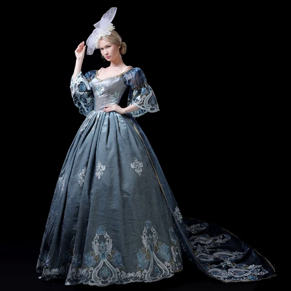 Vintage / Retro Medieval Ink Blue Ball Gown Prom Dresses 2021 V-Neck 1/2 Sleeves 3D Lace Appliques Embroidered Handmade Cosplay Court Train Prom