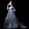 Vintage / Retro Medieval Ink Blue Ball Gown Prom Dresses 2021 V-Neck 1/2 Sleeves 3D Lace Appliques Embroidered Handmade  Cosplay Court Train Prom
