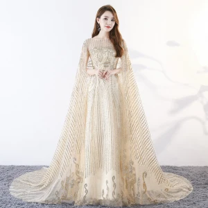 Sparkly Bling Bling Champagne Lange Selskapskjoler 2018 Prinsesse U Hals Tyll Med Kappe Beading Paljetter Aften Formelle Kjoler