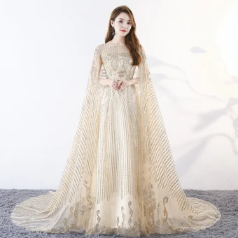 Scintillantes Bling Bling Champagne Longue Robe De Soirée 2018 Princesse U Cou Tulle Avec Cape Perlage Paillettes Soirée Robe De Ceremonie