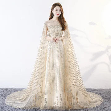 Sparkly Bling Bling Champagne Floor Length Long Evening Dresses 2018 A Line Princess U Neck Tulle With Cloak Beading Sequins Evening Party Formal Dresses