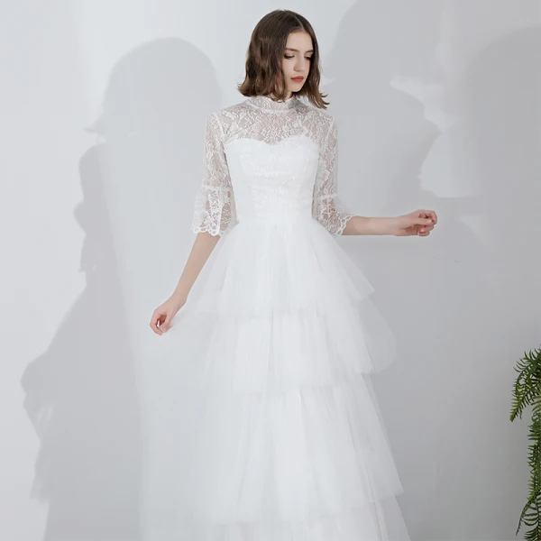 Modern / Fashion White Floor-Length / Long Wedding 2018 A-Line / Princess Tulle High Neck Puffy Lace-up Beach Wedding Dresses