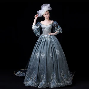 Vintage Retro Medieval Ink Blue Ball Gown Prom Dresses 2021 V Neck 1 2 Sleeves 3d Lace Appliques Embroidered Handmade Cosplay Court Train Prom