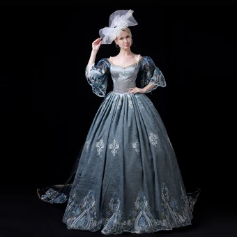 Vintage Retro Medieval Ink Blue Ball Gown Prom Dresses 2021 V Neck 1 2 Sleeves 3d Lace Appliques Embroidered Handmade Cosplay Court Train Prom