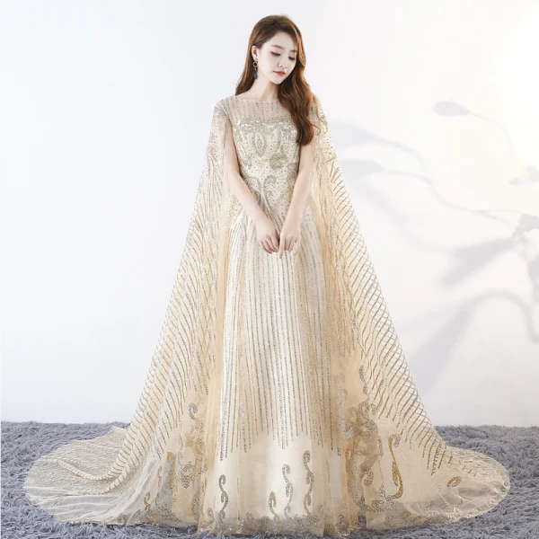 Sparkly Bling Bling Champagne Floor-Length / Long Evening Dresses 2018 A-Line / Princess U-Neck Tulle With Cloak Beading Sequins Evening Party Formal Dresses