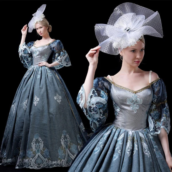 Vintage / Retro Medieval Ink Blue Ball Gown Prom Dresses 2021 V-Neck 1/2 Sleeves 3D Lace Appliques Embroidered Handmade Cosplay Court Train Prom