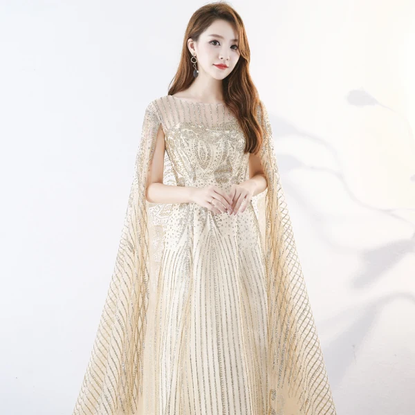 Sparkly Bling Bling Champagne Floor-Length / Long Evening Dresses 2018 A-Line / Princess U-Neck Tulle With Cloak Beading Sequins Evening Party Formal Dresses
