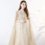 Sparkly Bling Bling Champagne Floor-Length / Long Evening Dresses  2018 A-Line / Princess U-Neck Tulle With Cloak Beading Sequins Evening Party Formal Dresses