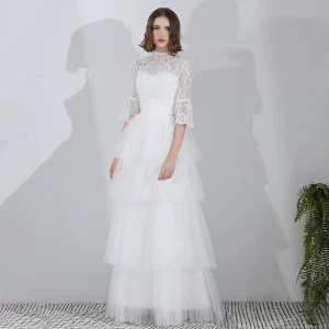 Moderne Mode Blanche Longue Mariage 2018 Princesse Tulle Col Haut Gonflée Lacer Plage Robe De Mariée