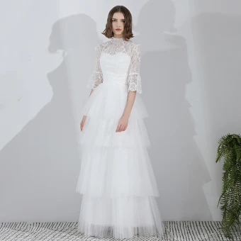 Modern Fashion White Floor Length Long Wedding 2018 A Line Princess Tulle High Neck Puffy Lace Up Beach Wedding Dresses