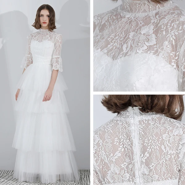 Modern / Fashion White Floor-Length / Long Wedding 2018 A-Line / Princess Tulle High Neck Puffy Lace-up Beach Wedding Dresses