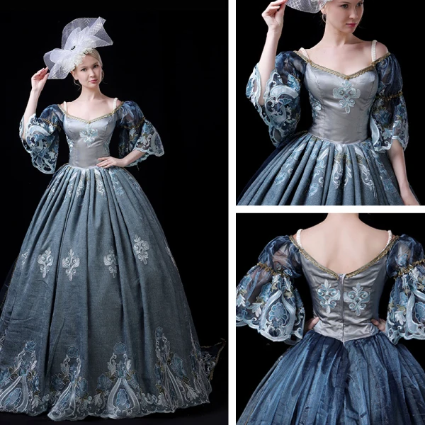 Vintage / Retro Medieval Ink Blue Ball Gown Prom Dresses 2021 V-Neck 1/2 Sleeves 3D Lace Appliques Embroidered Handmade Cosplay Court Train Prom