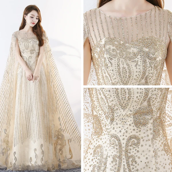 Sparkly Bling Bling Champagne Floor-Length / Long Evening Dresses 2018 A-Line / Princess U-Neck Tulle With Cloak Beading Sequins Evening Party Formal Dresses