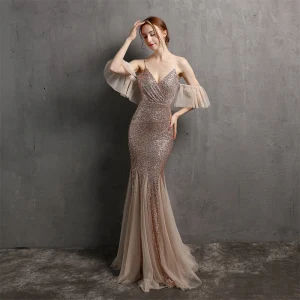 Scintillantes Sexy Doré Paillettes Robe De Soirée 2022 Trompette Sirène Bretelles Spaghetti Sans Manches Dos Nu Longue Soirée Robe De Ceremonie