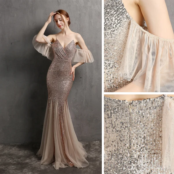 Glitzernden Sexy Gold Pailletten Abendkleider 2022 Meerjungfrau Spaghettiträger Ärmellos Rückenfreies Lange Abend Festliche Kleider