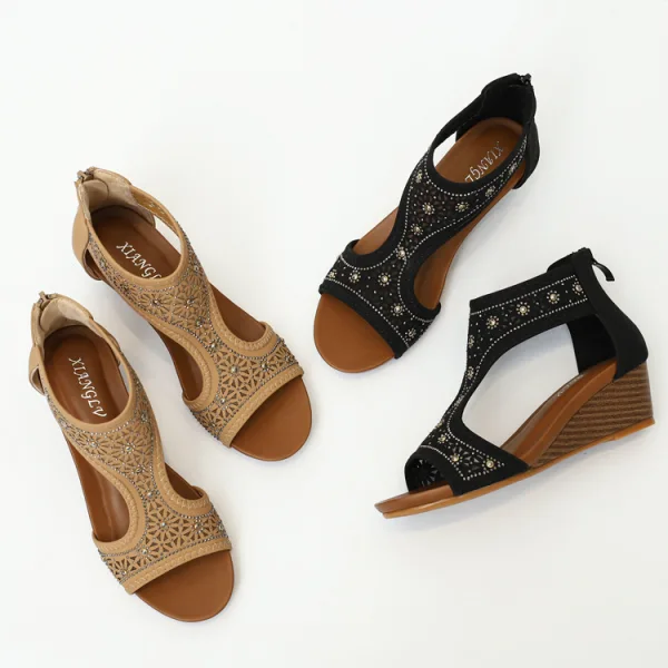 Bohemia Brown Street Wear Rhinestone Womens Sandals 2022 T-Strap 5 cm Wedges Open / Peep Toe Sandals