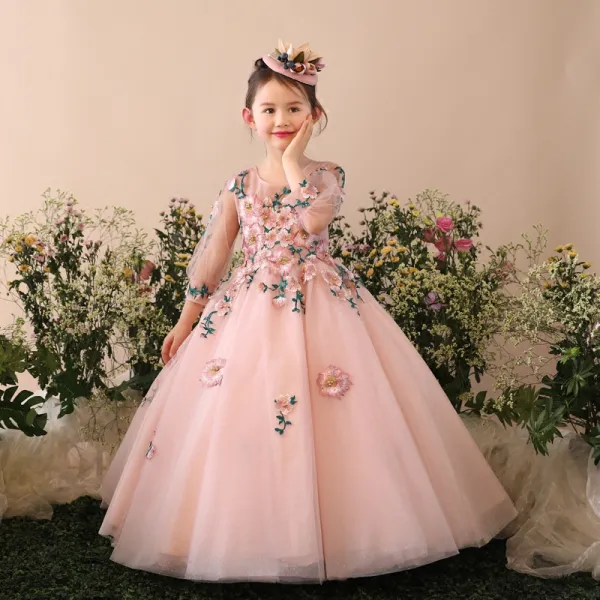 Chic / Beautiful Church Wedding Party Dresses 2017 Flower Girl Dresses Pearl Pink Glitter Ball Gown Floor-Length / Long Scoop Neck 3/4 Sleeve Flower Appliques Pearl Rhinestone