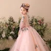 Chic / Beautiful Church Wedding Party Dresses 2017 Flower Girl Dresses Pearl Pink Glitter Ball Gown Floor-Length / Long Scoop Neck 3/4 Sleeve Flower Appliques Pearl Rhinestone