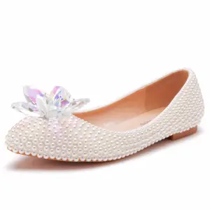 Elegant Beige Pearl Crystal Wedding Shoes 2025 Pointed Toe Flat Wedding Heels