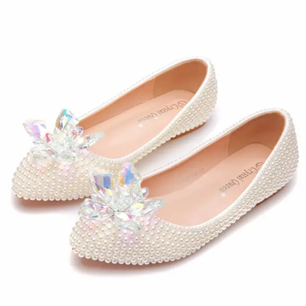 Elegant Beige Pearl Crystal Wedding Shoes 2025 Pointed Toe Flat Wedding Heels