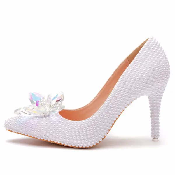 Élégant Blanche Perle Cristal Chaussure De Mariée 2025 Mariage 9 cm Talons Aiguilles À Bout Pointu Escarpins Talons Hauts