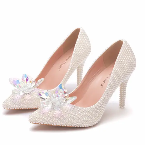 Élégant Blanche Perle Cristal Chaussure De Mariée 2025 Mariage 9 cm Talons Aiguilles À Bout Pointu Escarpins Talons Hauts