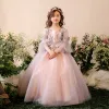 Chic / Beautiful Church Wedding Party Dresses 2017 Flower Girl Dresses Grey Ball Gown Floor-Length / Long 3/4 Sleeve Scoop Neck Flower Appliques Pearl