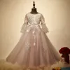 Chic / Beautiful Church Wedding Party Dresses 2017 Flower Girl Dresses Grey Ball Gown Floor-Length / Long 3/4 Sleeve Scoop Neck Flower Appliques Pearl