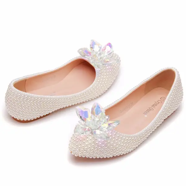 Elegant Beige Pearl Crystal Wedding Shoes 2025 Pointed Toe Flat Wedding Heels