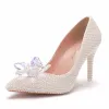 Charming White Crystal Wedding Shoes 2023 Pearl 9 cm Stiletto Heels Pointed Toe Wedding Pumps High Heels