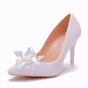 Charmant Blanche Cristal Chaussure De Mariée 2023 Perle 9 Cm Talons Aiguilles À Bout Pointu Mariage Escarpins Talons Hauts