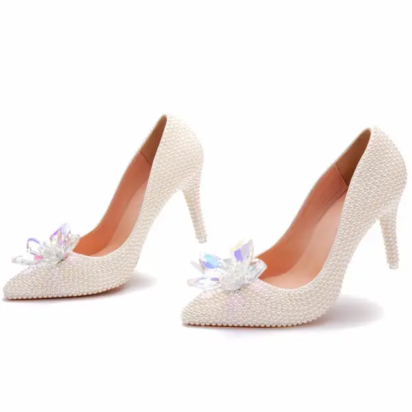 Charming White Crystal Wedding Shoes 2023 Pearl 9 cm Stiletto Heels Pointed Toe Wedding Pumps High Heels