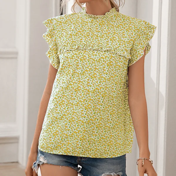 Casual Street Wear Floral Daisy Ocean Blue Loose Scoop Neck Women Blouses 2021 Ruffle Short Sleeve Summer Tops
