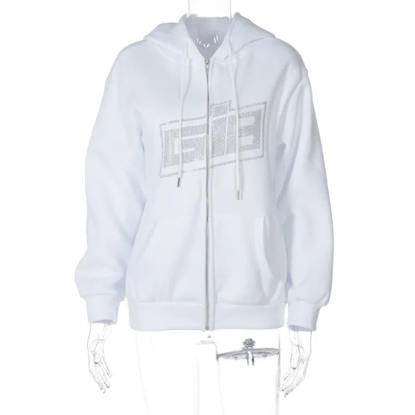 Comfortable White Rhinestone Tops Sweatshirts Letter Graphic Polyester Loose Hooded Street Wear Long Sleeve Zipper Hoodies 2021