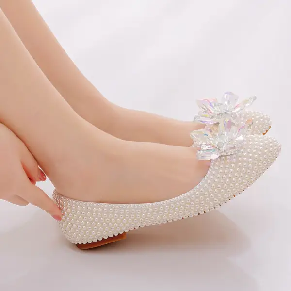 Elegant Beige Pearl Crystal Wedding Shoes 2025 Pointed Toe Flat Wedding Heels