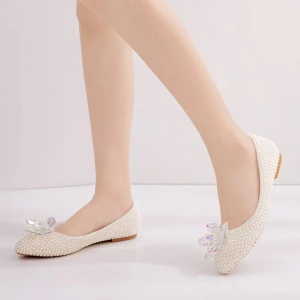 Elegant Beige Pearl Crystal Wedding Shoes 2025 Pointed Toe Flat Wedding Heels